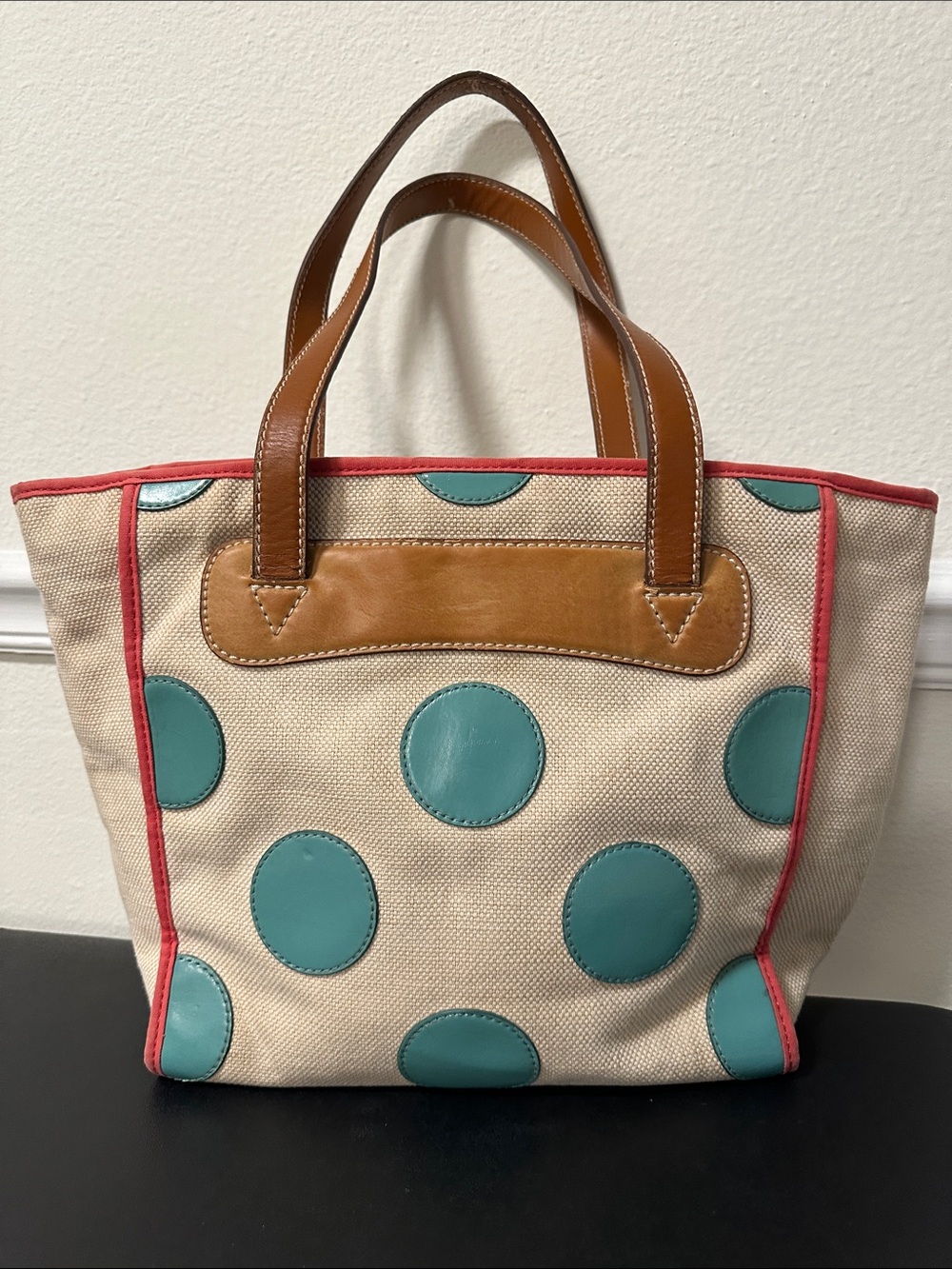 Fossil Beige Canvas Tote with Teal Polka Dots and Brown Leather Handles - Picture 3 of 8